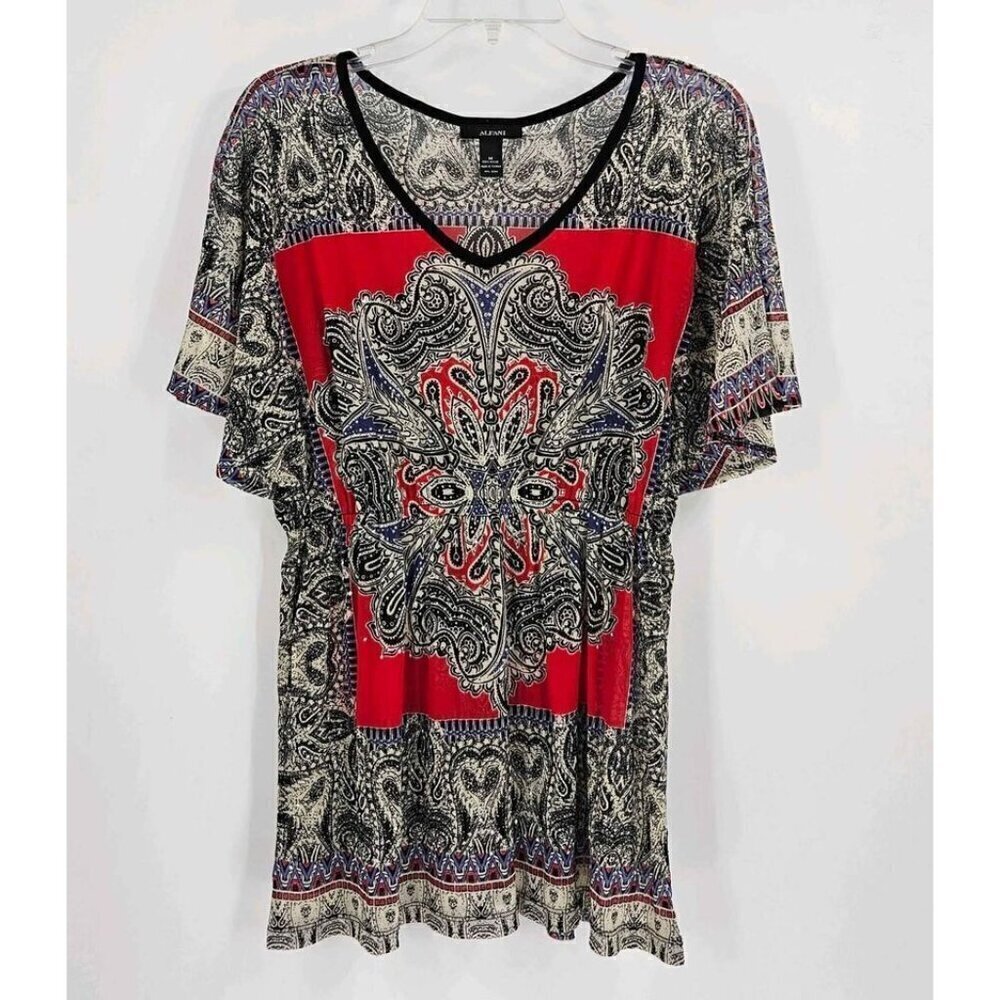 Alfani Womens V-Neck Geometric Multicolor Sheer Sequin Elastic Waist Top Sz M